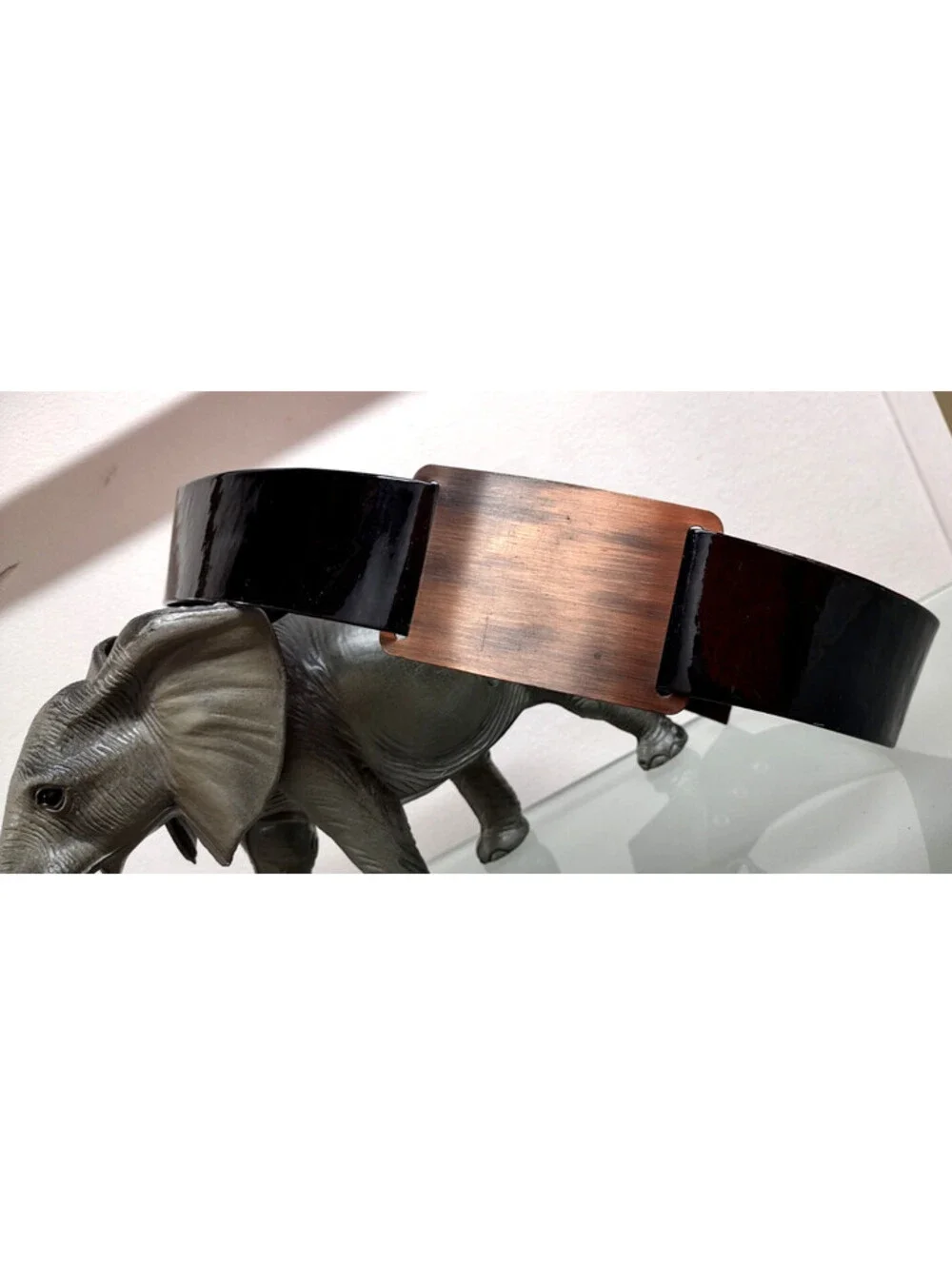 Black Patent Leather Belt Cinch Waist 28 Mod Pleather Vinyl Copper Wide Buckle